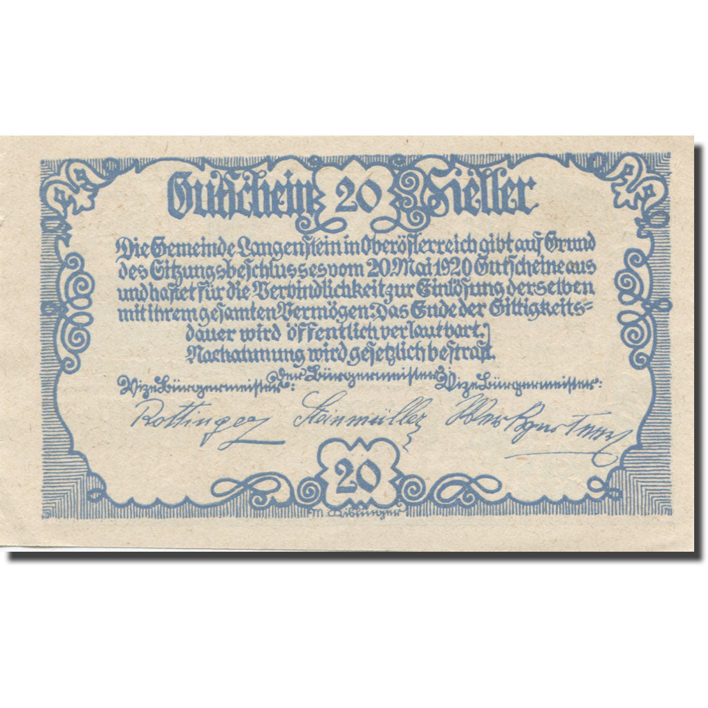 Banknote, Austria, Langenstein, 20 Heller, texte 1, 1920, 1920-05-20, AU(55-58)