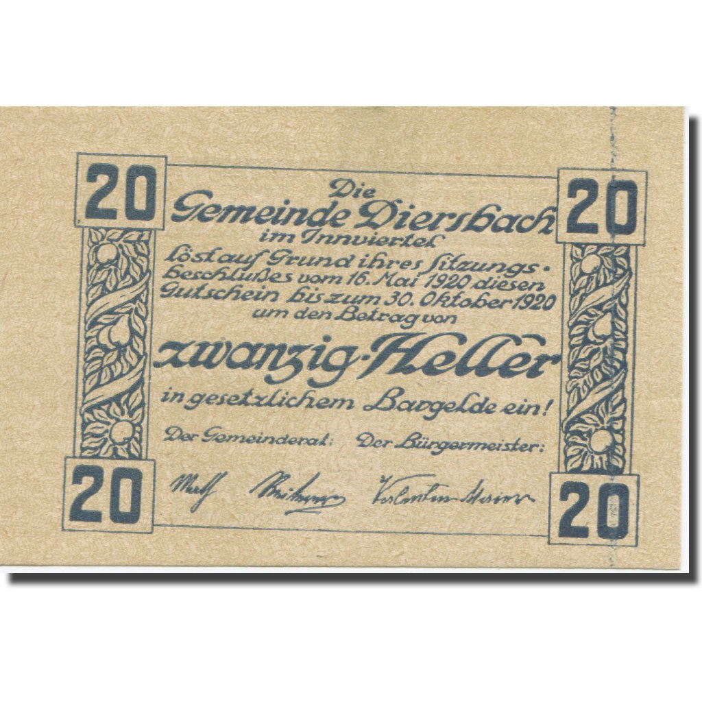 Banknote, Austria, Diersbach Im Innviertel O.Ö. Gemeinde, 20 Heller, Texte