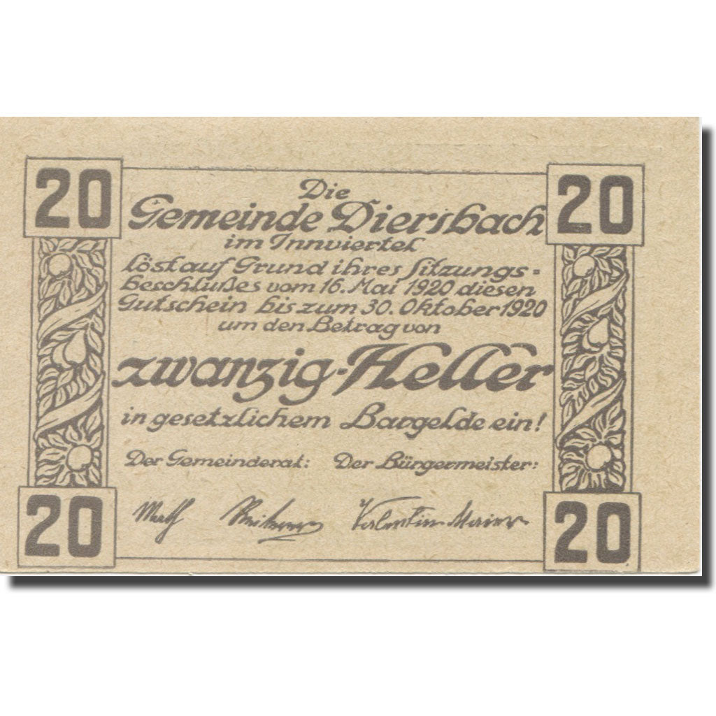Banknote, Austria, Diersbach Im Innviertel O.Ö. Gemeinde, 20 Heller, texte 1
