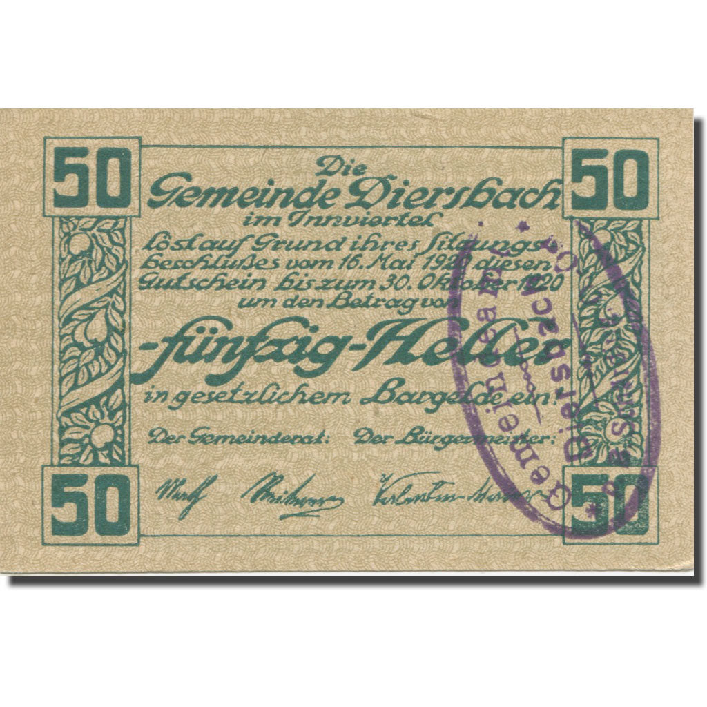 Banknote, Austria, Diersbach Im Innviertel O.Ö. Gemeinde, 50 Heller, Texte 2