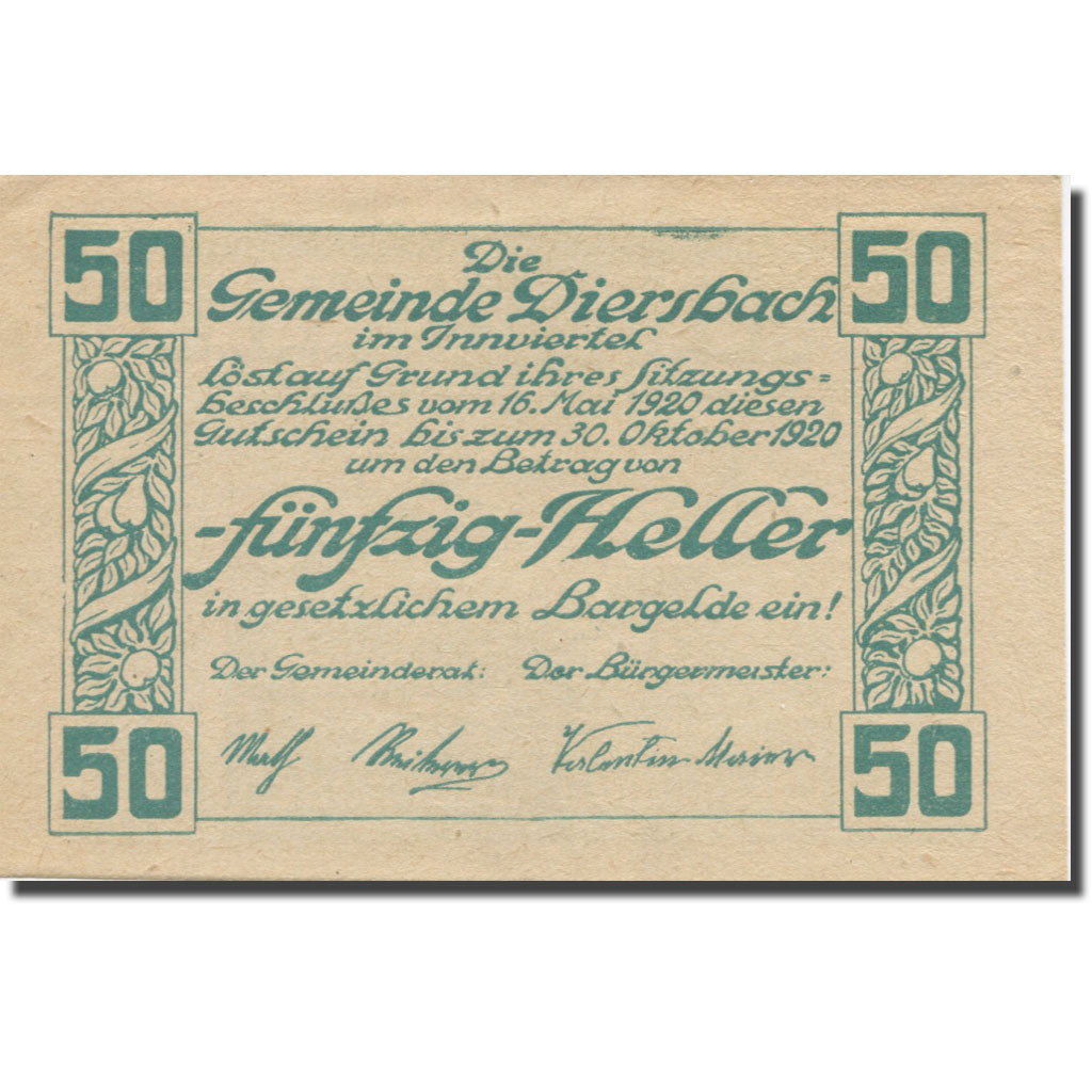Banknote, Austria, Diersbach Im Innviertel O.Ö. Gemeinde, 50 Heller, Texte 3