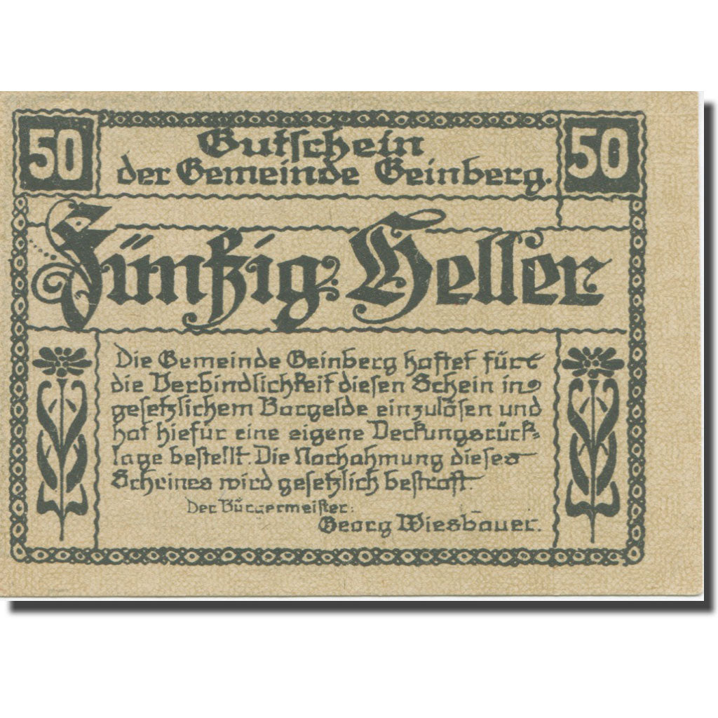 Banknote, Austria, Geinberg, 50 Heller, Batiment, 1920, 1920-08-31, AU(55-58)