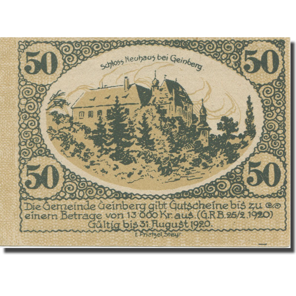 Banknote, Austria, Geinberg, 50 Heller, Batiment, 1920, 1920-08-31, AU(55-58)