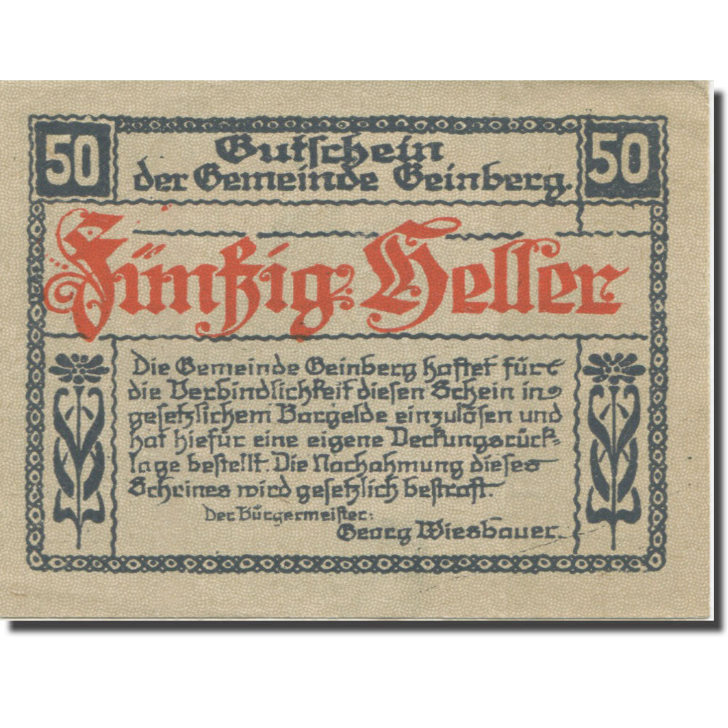 Banknote, Austria, Geinberg, 50 Heller, batiment 1, 1920, 1920-08-31, AU(55-58)