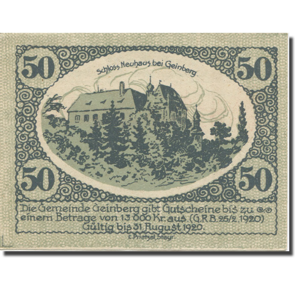 Banknote, Austria, Geinberg, 50 Heller, batiment 1, 1920, 1920-08-31, AU(55-58)