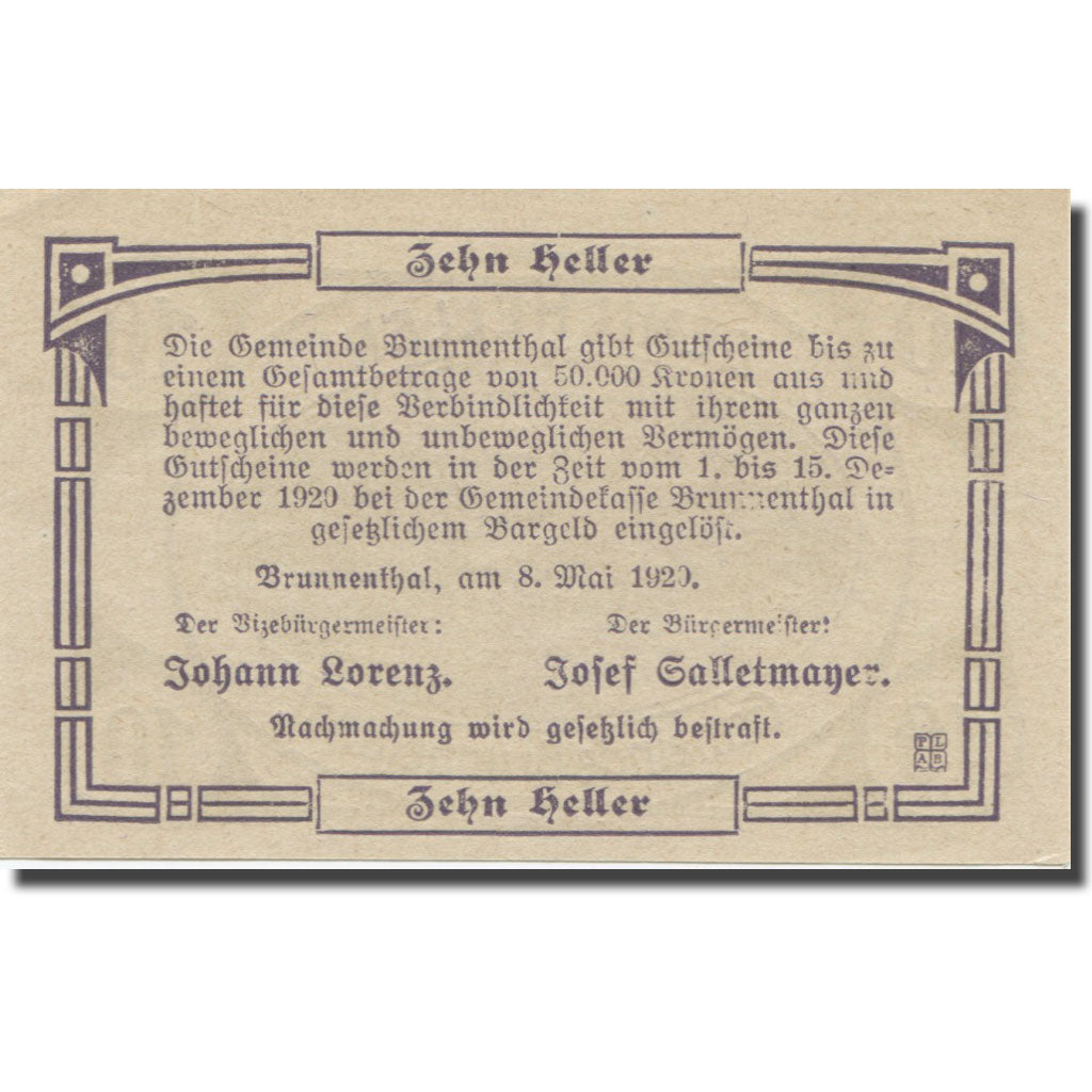 Banknote, Austria, Brunnenthal, 10 Heller, Texte, 1920, 1920-12-15, AU(55-58)