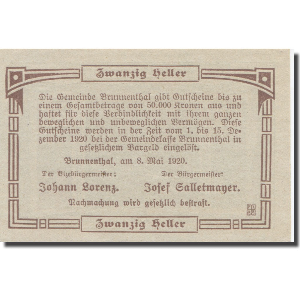 Banknote, Austria, Brunnenthal, 20 Heller, texte 1, 1920, 1920-12-15, AU(55-58)