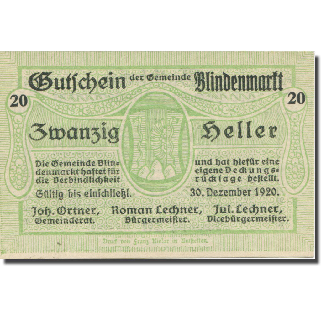 Banknote, Austria, Blindenmarkt, 20 Heller, texte 1, 1920, 1920-12-30