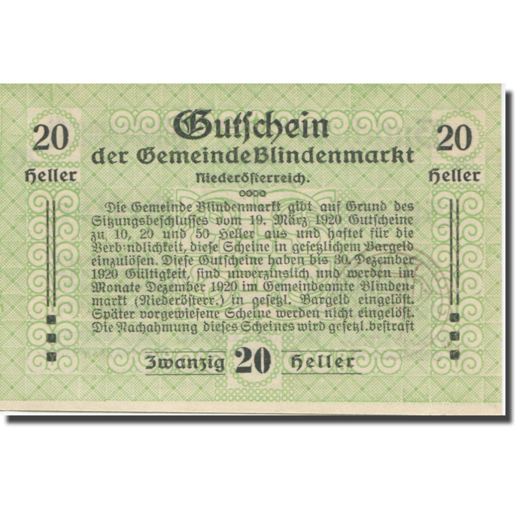 Banknote, Austria, Blindenmarkt, 20 Heller, texte 1, 1920, 1920-12-30