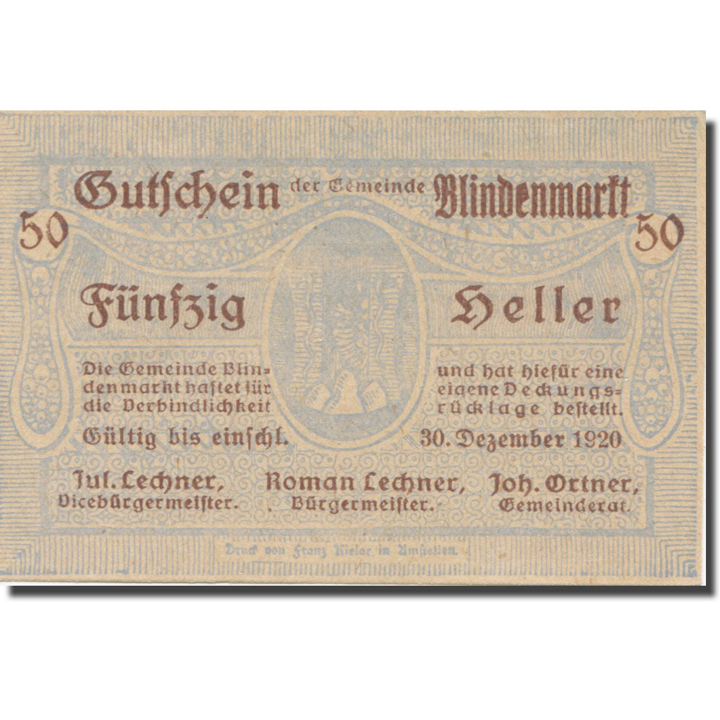 Banknote, Austria, Blindenmarkt, 50 Heller, Texte 2, 1920, 1920-12-30