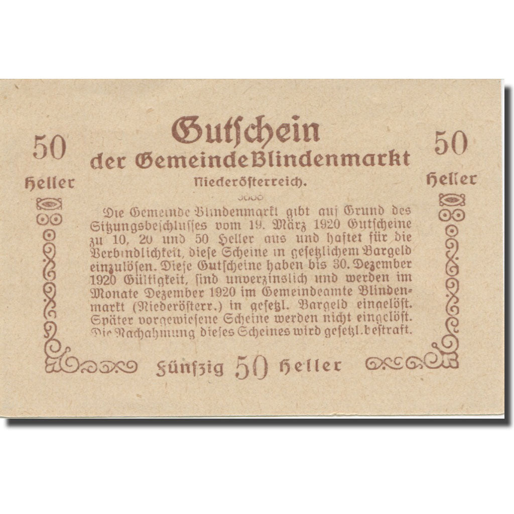 Banknote, Austria, Blindenmarkt, 50 Heller, Texte 2, 1920, 1920-12-30