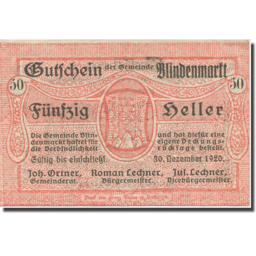Banknote, Austria, Blindenmarkt, 50 Heller, Texte 3, 1920, 1920-12-30