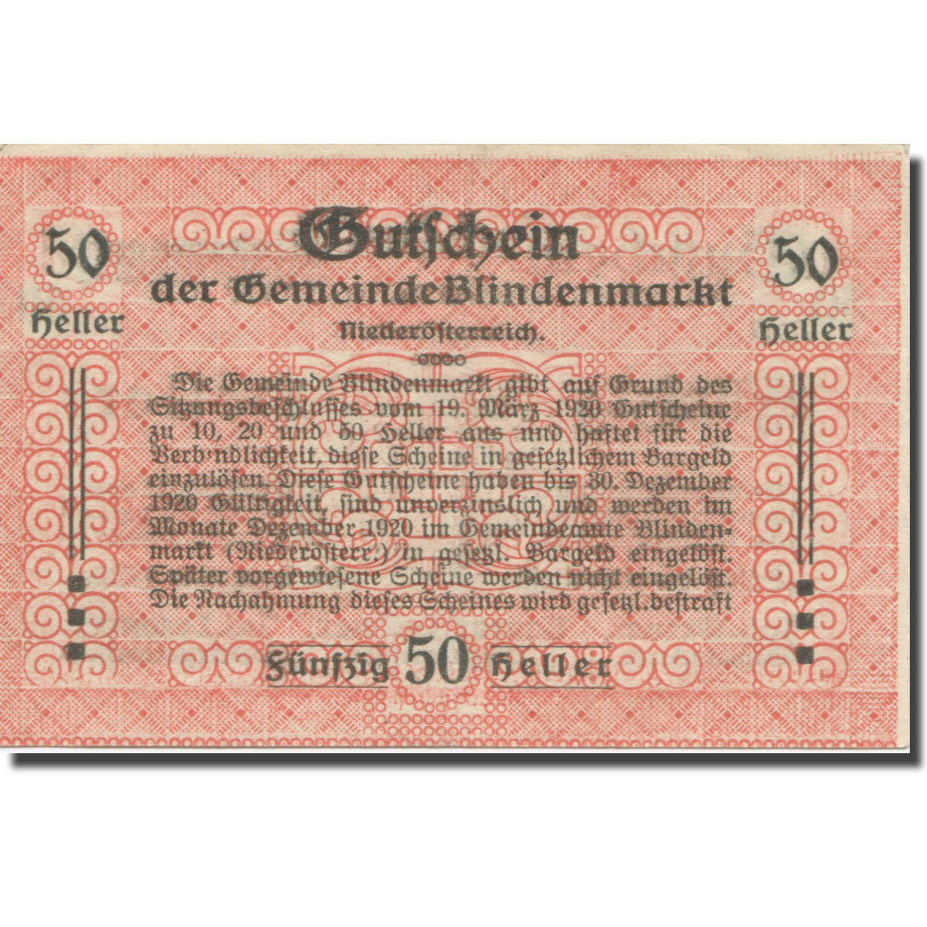Banknote, Austria, Blindenmarkt, 50 Heller, Texte 3, 1920, 1920-12-30