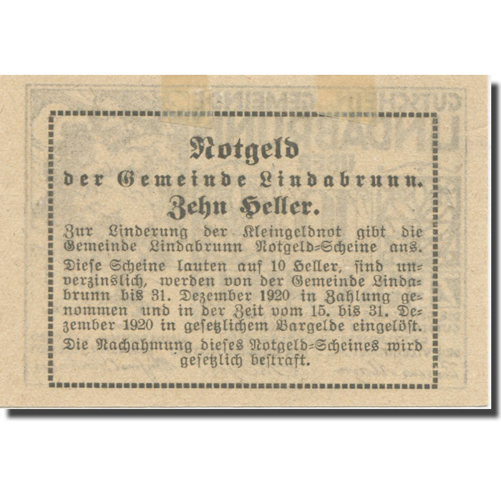 Banknote, Austria, Lindabrunn, 10 Heller, Texte, 1920, 1920-12-31, AU(55-58)