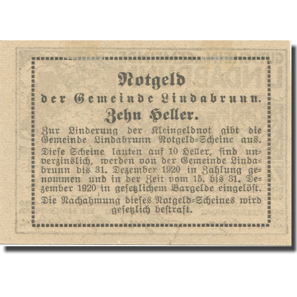Banknote, Austria, Lindabrunn, 10 Heller, texte 1, 1920, 1920-12-31, AU(55-58)