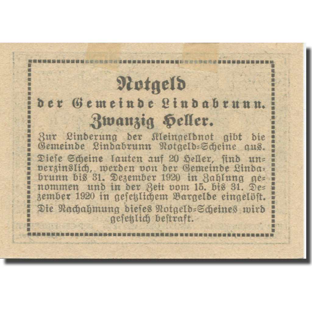 Banknote, Austria, Lindabrunn, 20 Heller, Texte 2, 1920, 1920-12-31, AU(55-58)