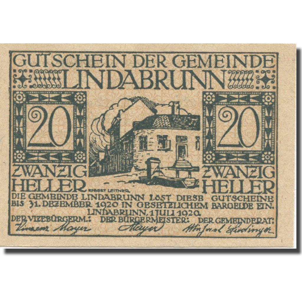 Banknote, Austria, Lindabrunn, 20 Heller, Texte 3, 1920, 1920-12-31, AU(55-58)