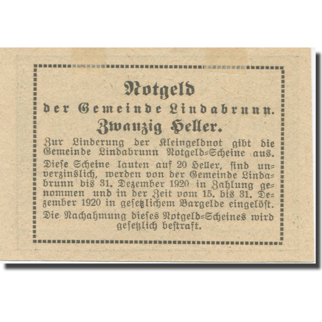 Banknote, Austria, Lindabrunn, 20 Heller, Texte 3, 1920, 1920-12-31, AU(55-58)