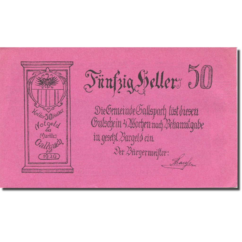 Banknote, Austria, Gallspach, 50 Heller, Texte, 1920, AU(55-58), Mehl:FS 219