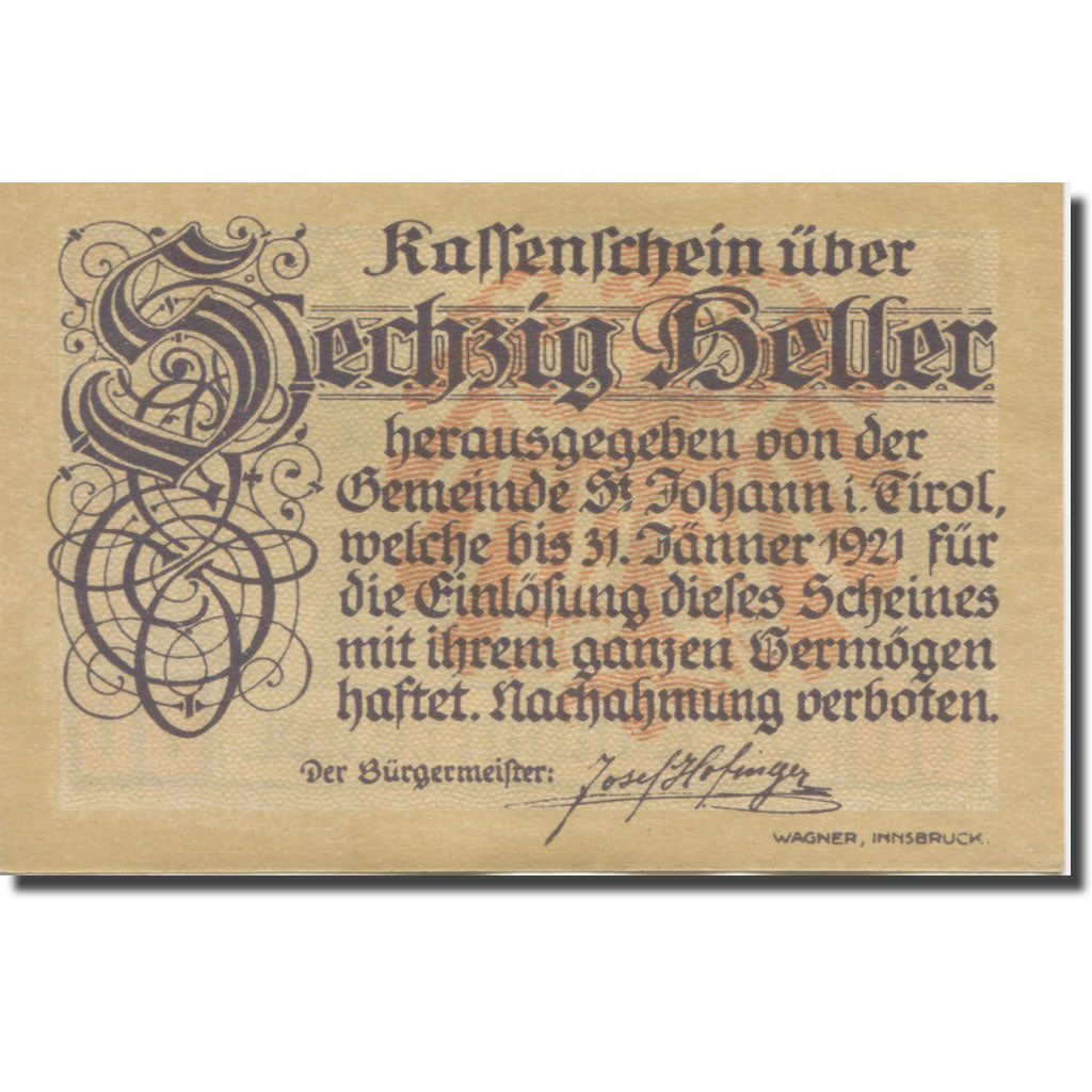 Banknot, Austria, St. Johann in Tirol, Tirol Gemeinde, 60 Heller, montagne 1