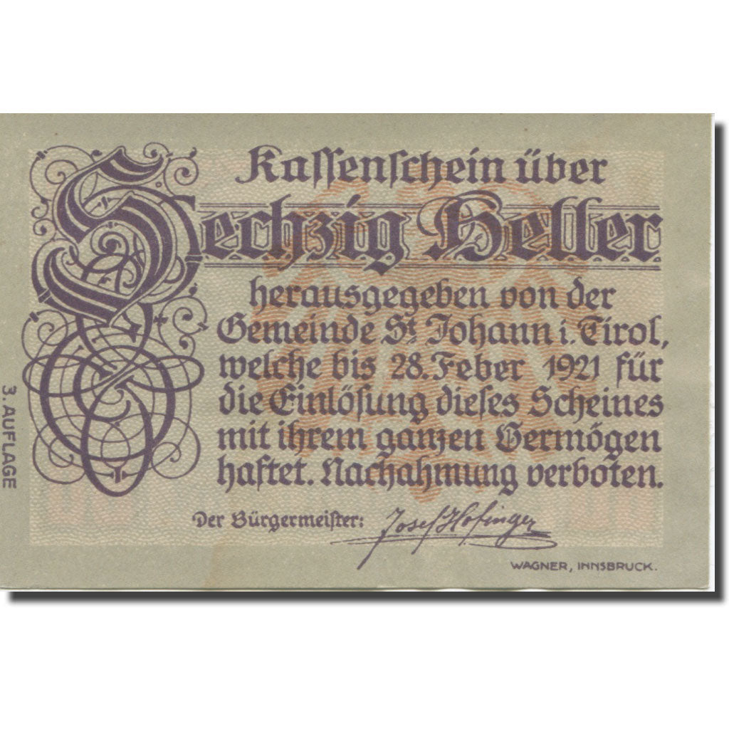 Banconote, Austria, St. Johann in Tirol, Tirol Gemeinde, 60 Heller, Montagne 2