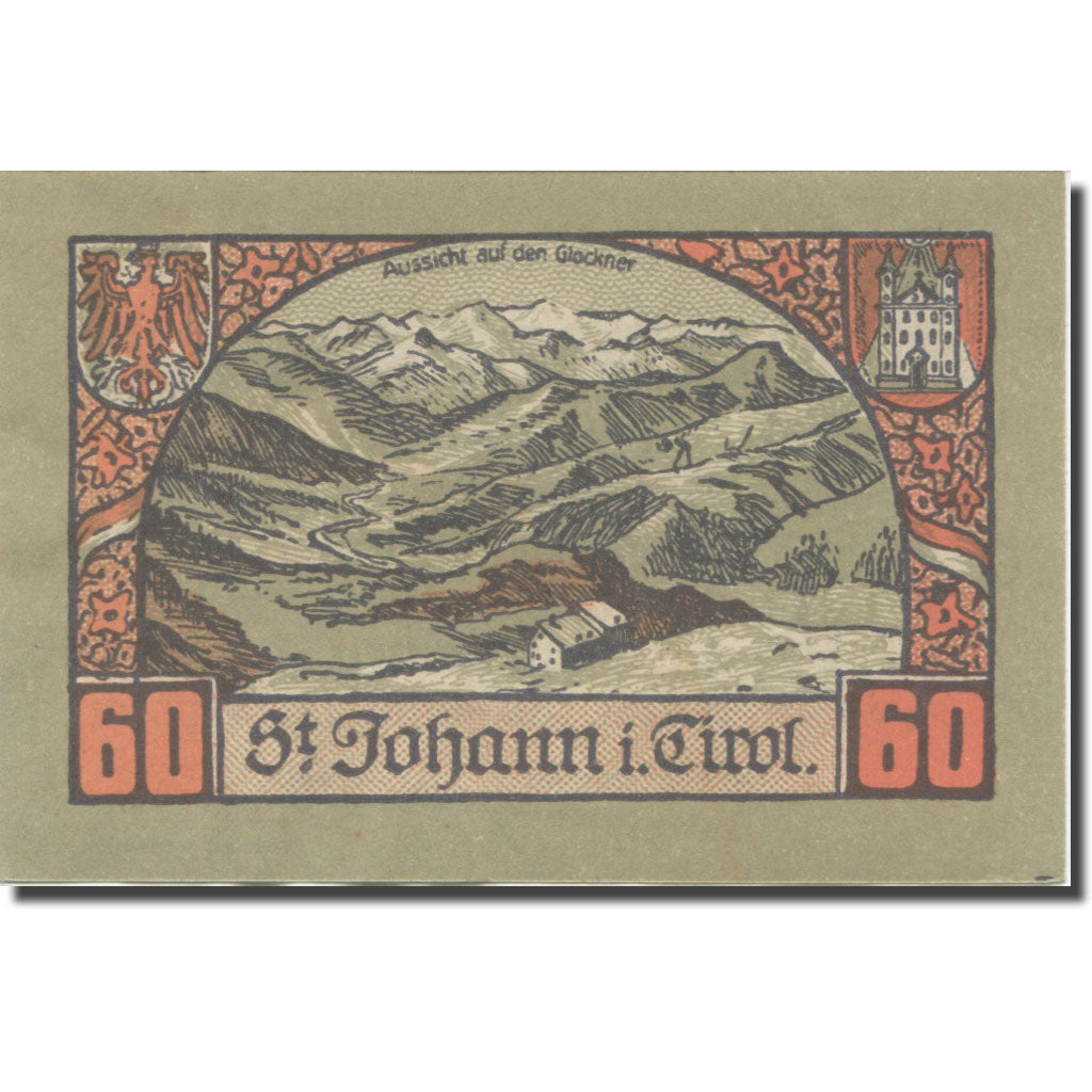 Banconote, Austria, St. Johann in Tirol, Tirol Gemeinde, 60 Heller, Montagne 2