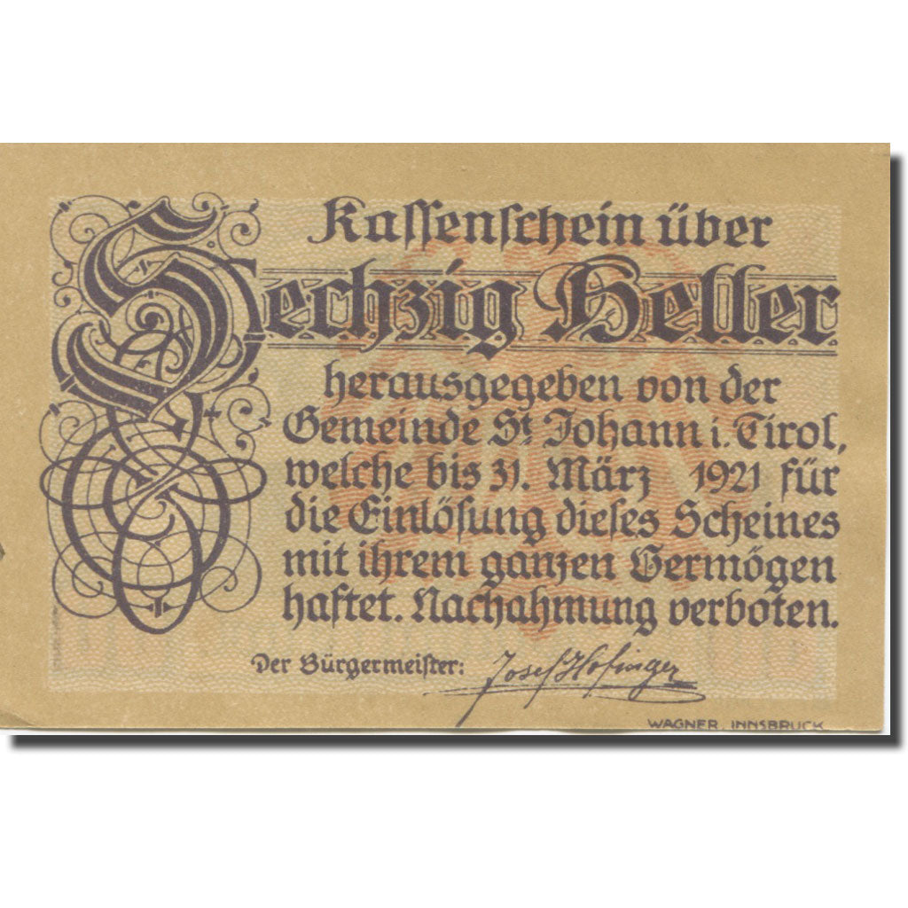 Banknote, Austria, St. Johann in Tirol, Tirol Gemeinde, 60 Heller, village 1
