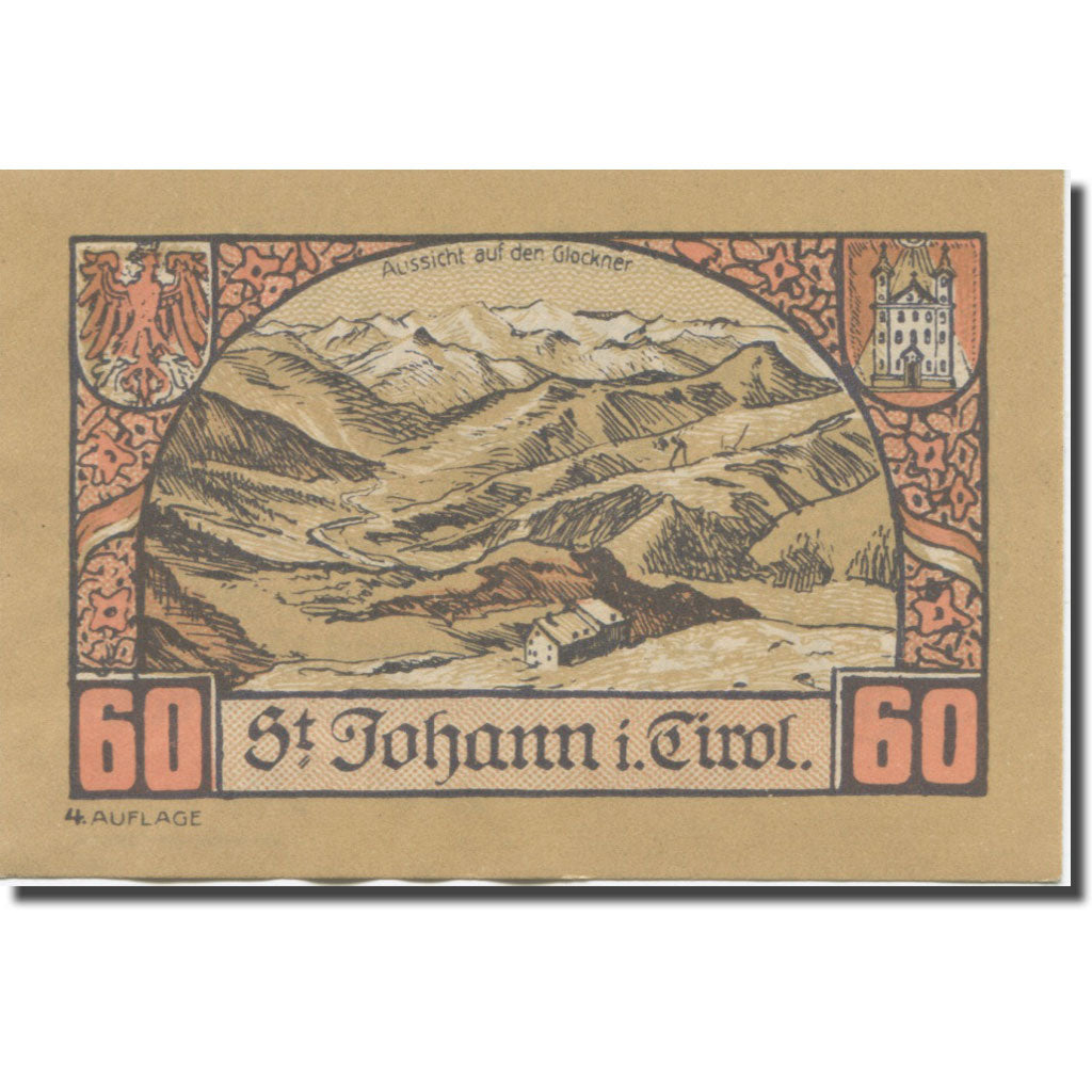 Banknote, Austria, St. Johann in Tirol, Tirol Gemeinde, 60 Heller, montagne