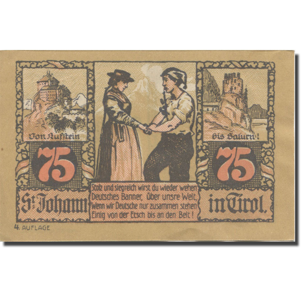Banconote, Austria, St. Johann in Tirol, Tirol Gemeinde, 75 Heller, Clocher