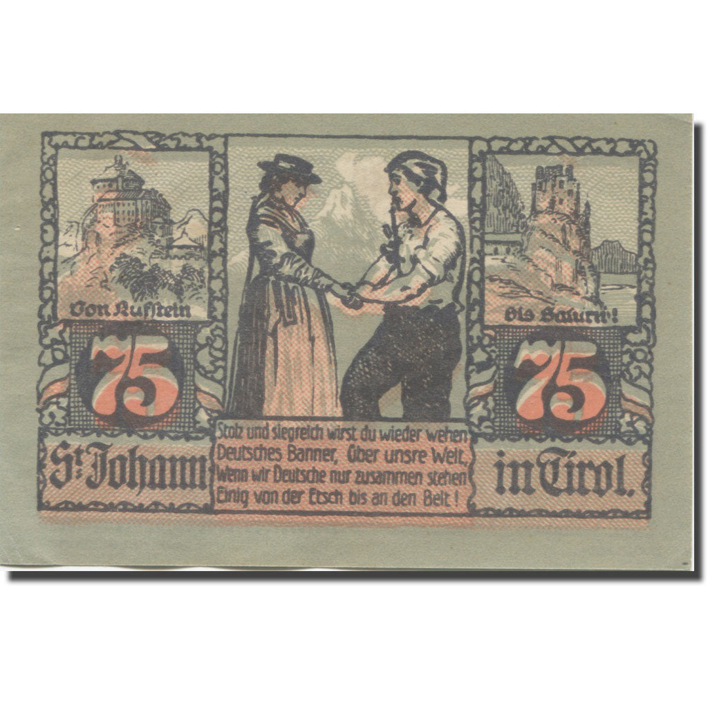 Banknote, Austria, St. Johann in Tirol, Tirol Gemeinde, 75 Heller, montagne