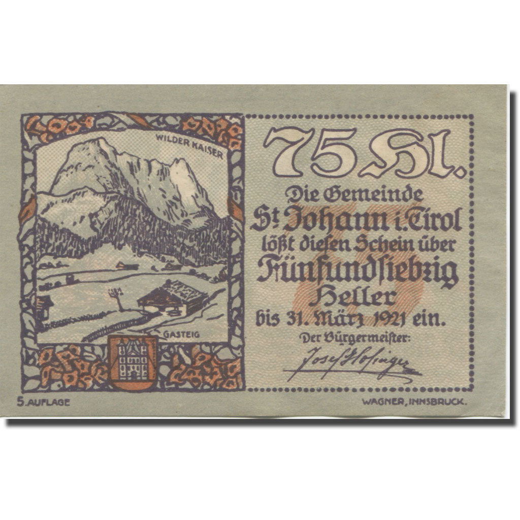 Banknote, Austria, St. Johann in Tirol, Tirol Gemeinde, 75 Heller, montagne