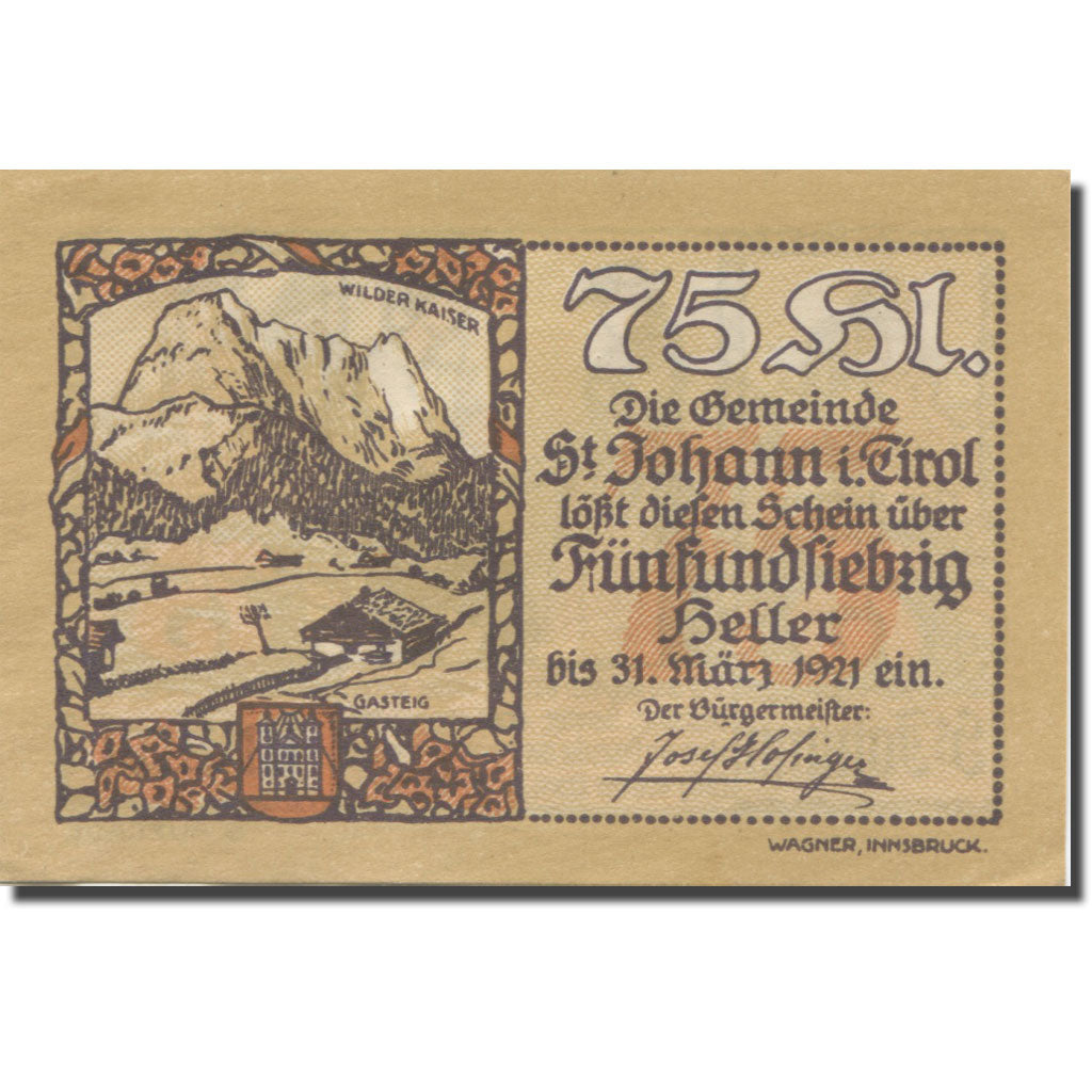 Banknote, Austria, St. Johann in Tirol, Tirol Gemeinde, 75 Heller, montagne 1