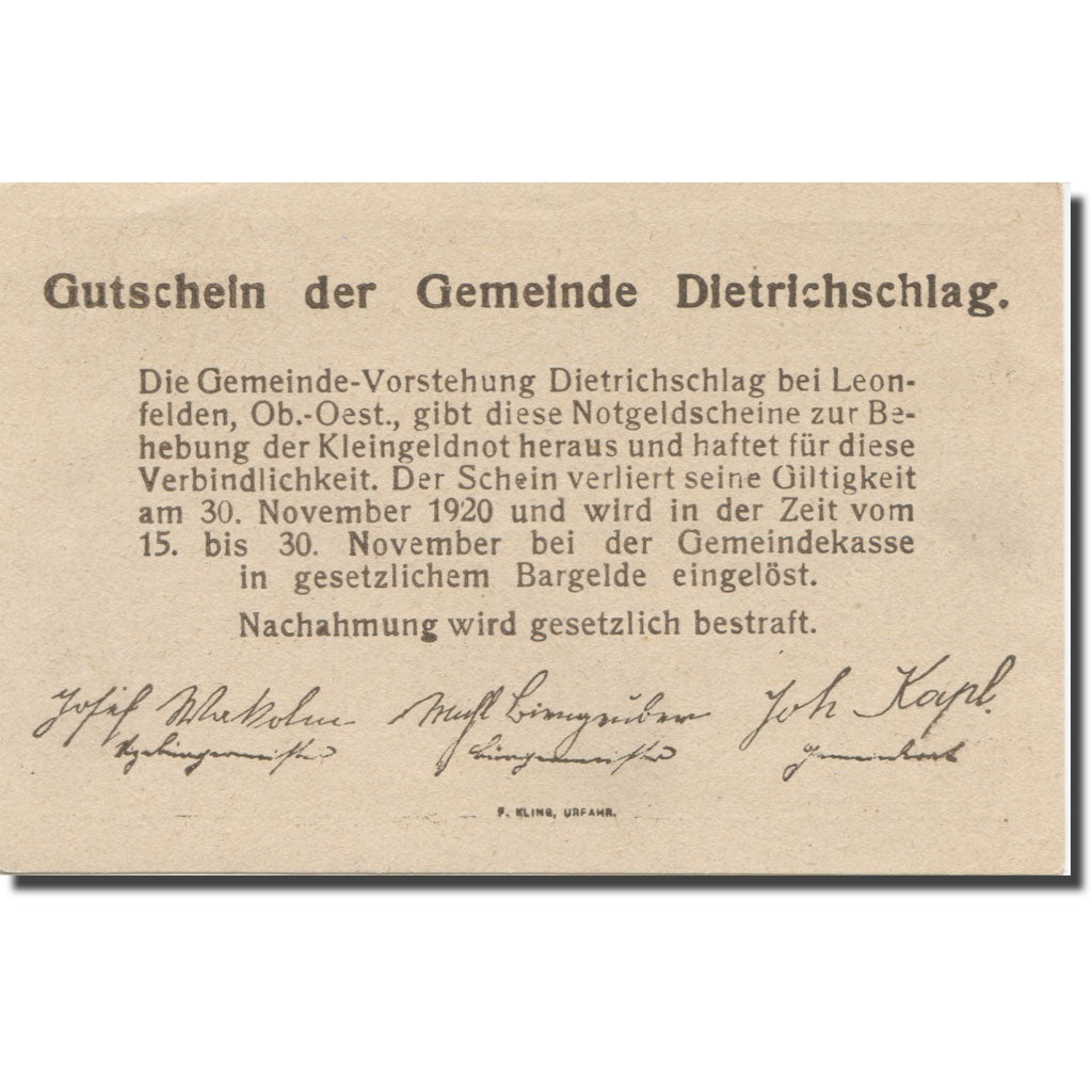 Banconote, Austria, Dietrichschlag bei Leonfelden O.Ö. Gemeinde, 20 Heller