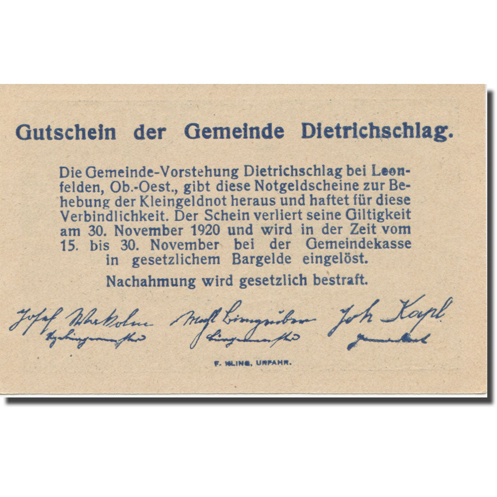 Banknote, Austria, Dietrichschlag bei Leonfelden O.Ö. Gemeinde, 30 Heller