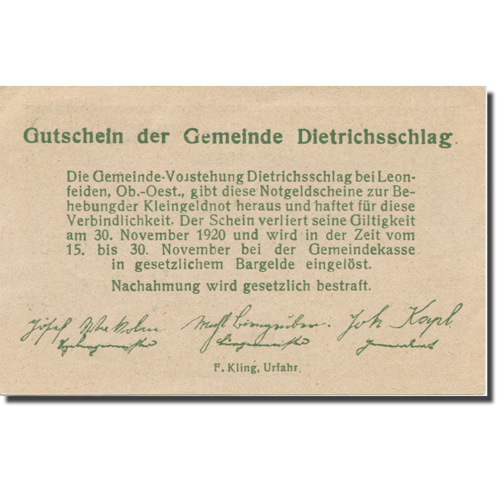 Banknote, Austria, Dietrichschlag bei Leonfelden O.Ö. Gemeinde, 50 Heller