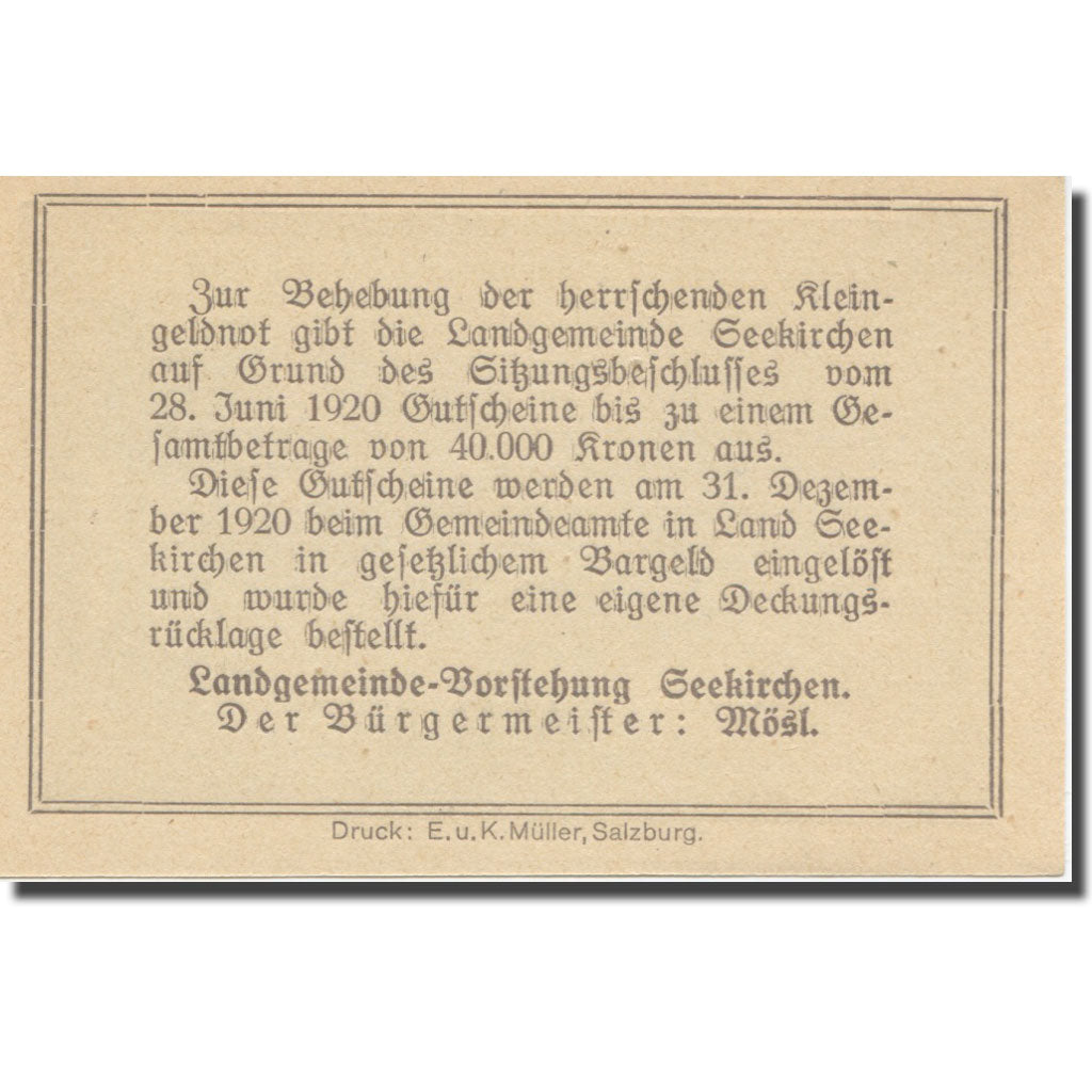 Banknote, Austria, Seekirchen Sbg. Landgemeinde, 10 Heller, Texte, 1920