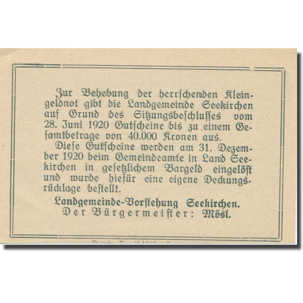 Banknote, Austria, Seekirchen Sbg. Landgemeinde, 20 Heller, texte 1, 1920