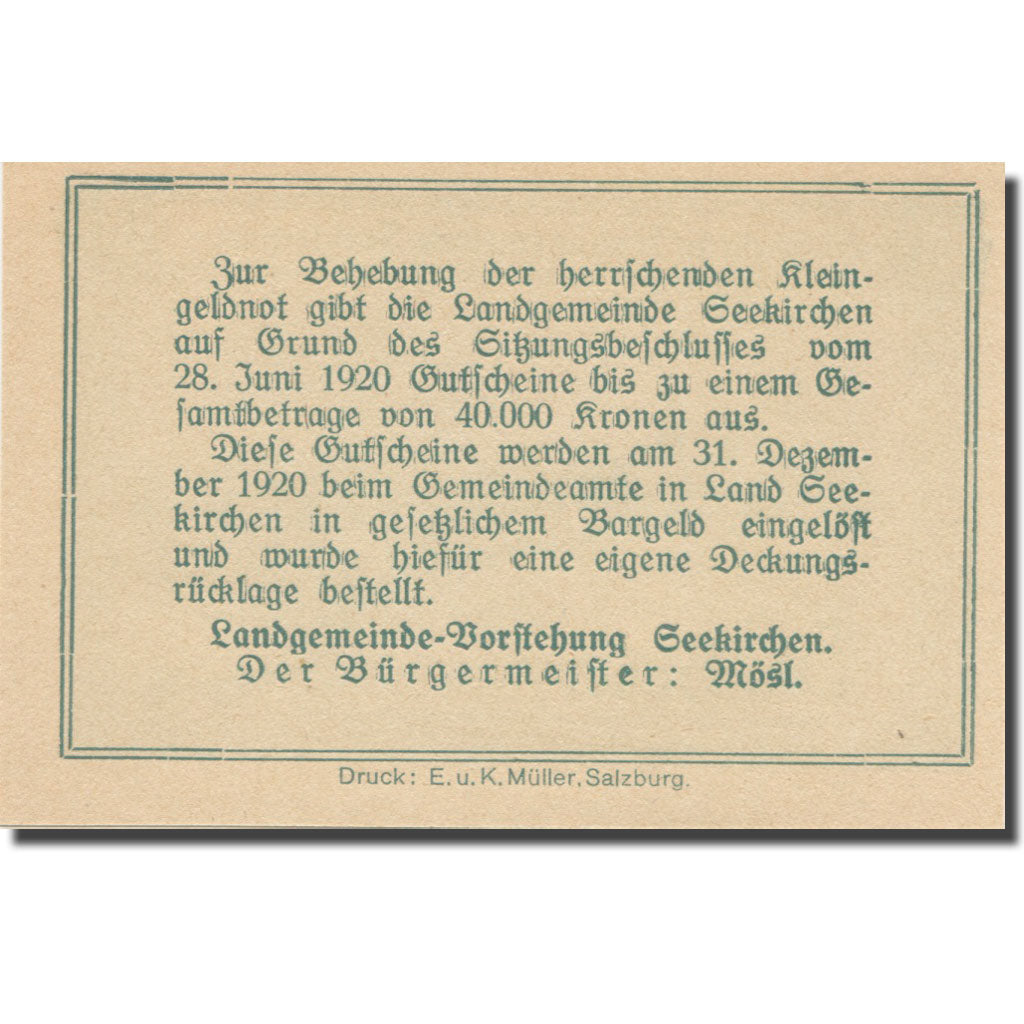 Banknote, Austria, Seekirchen Sbg. Landgemeinde, 50 Heller, Texte 2, 1920
