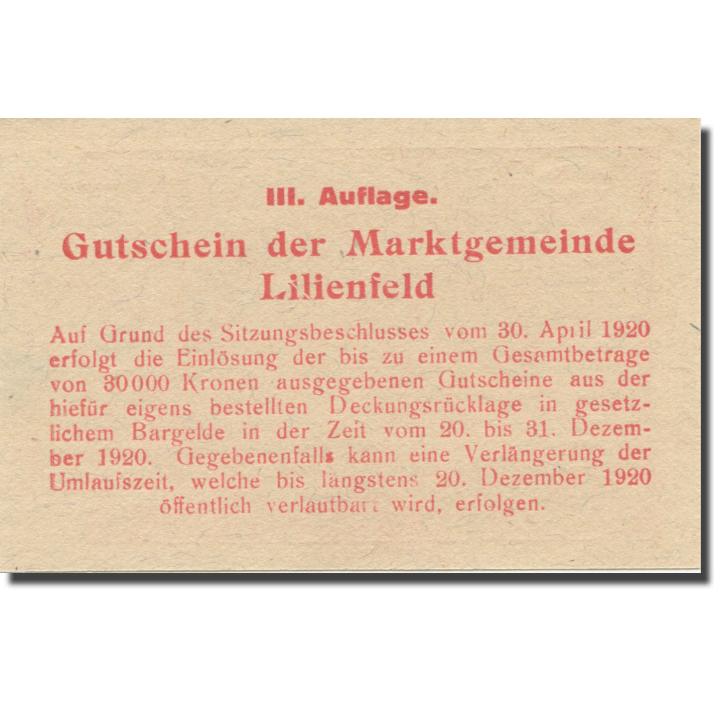 Banknote, Austria, Lilienfeld, 20 Heller, texte 1, 1920, 1920-12-31, AU(55-58)
