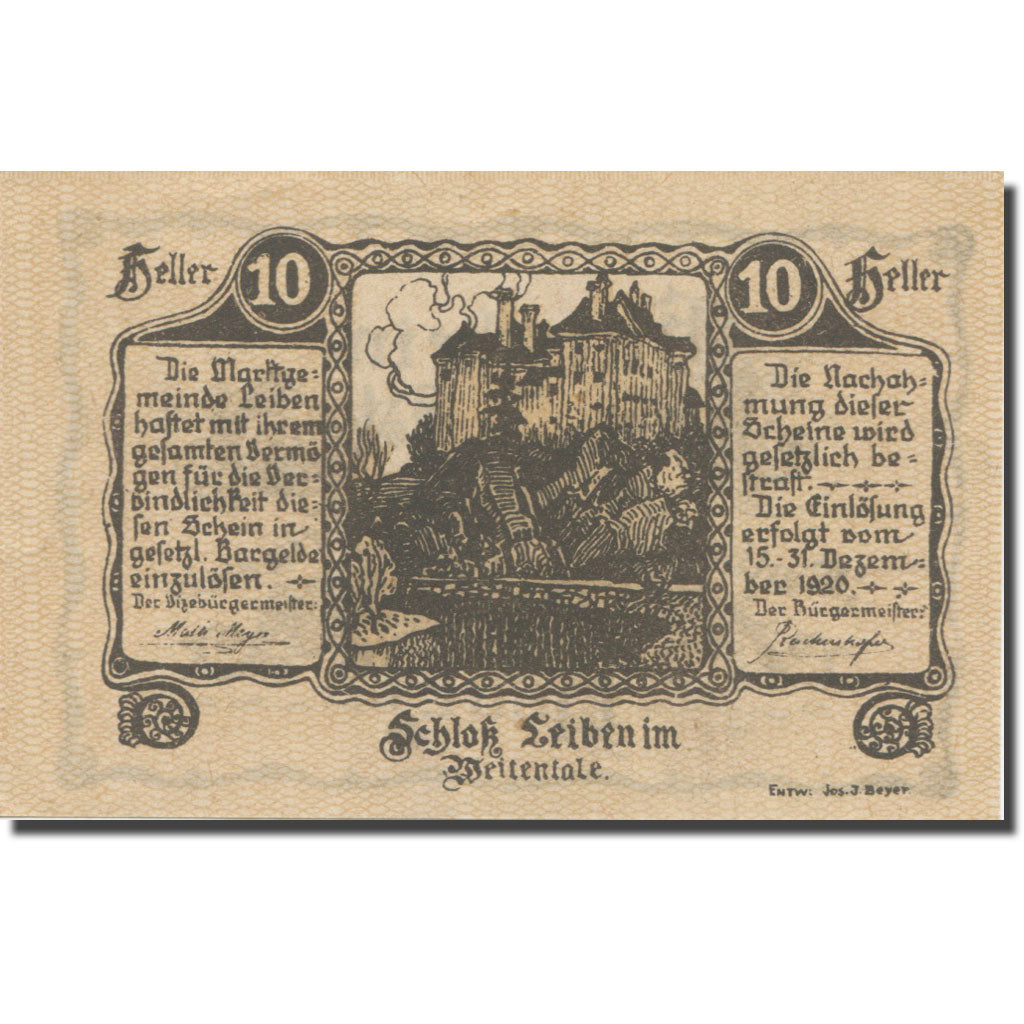 Banknote, Austria, Leiben N.Ö. Marktgemeinde, 10 Heller, château, 1920