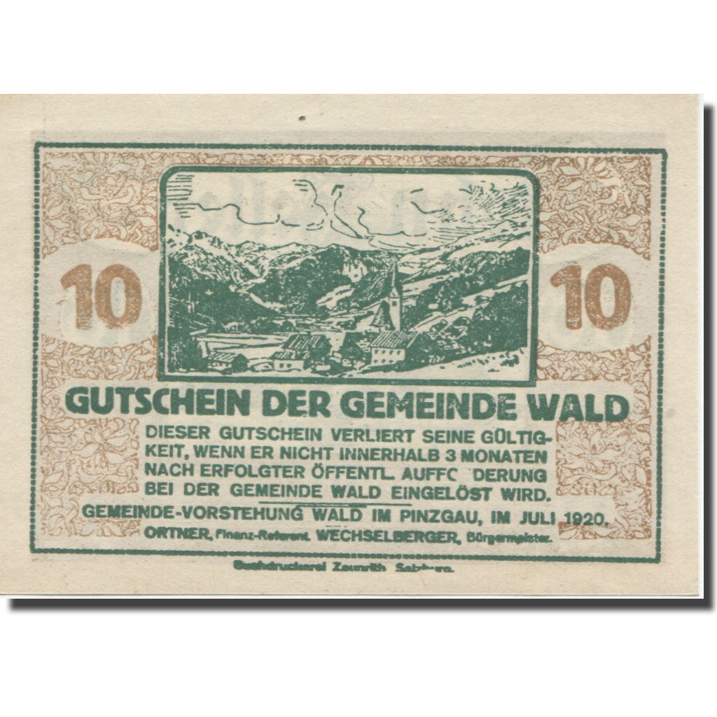 Banknot, Austria, Wald im Pinzgau Sbg. Gemeinde, 10 Heller, paysage, 1920