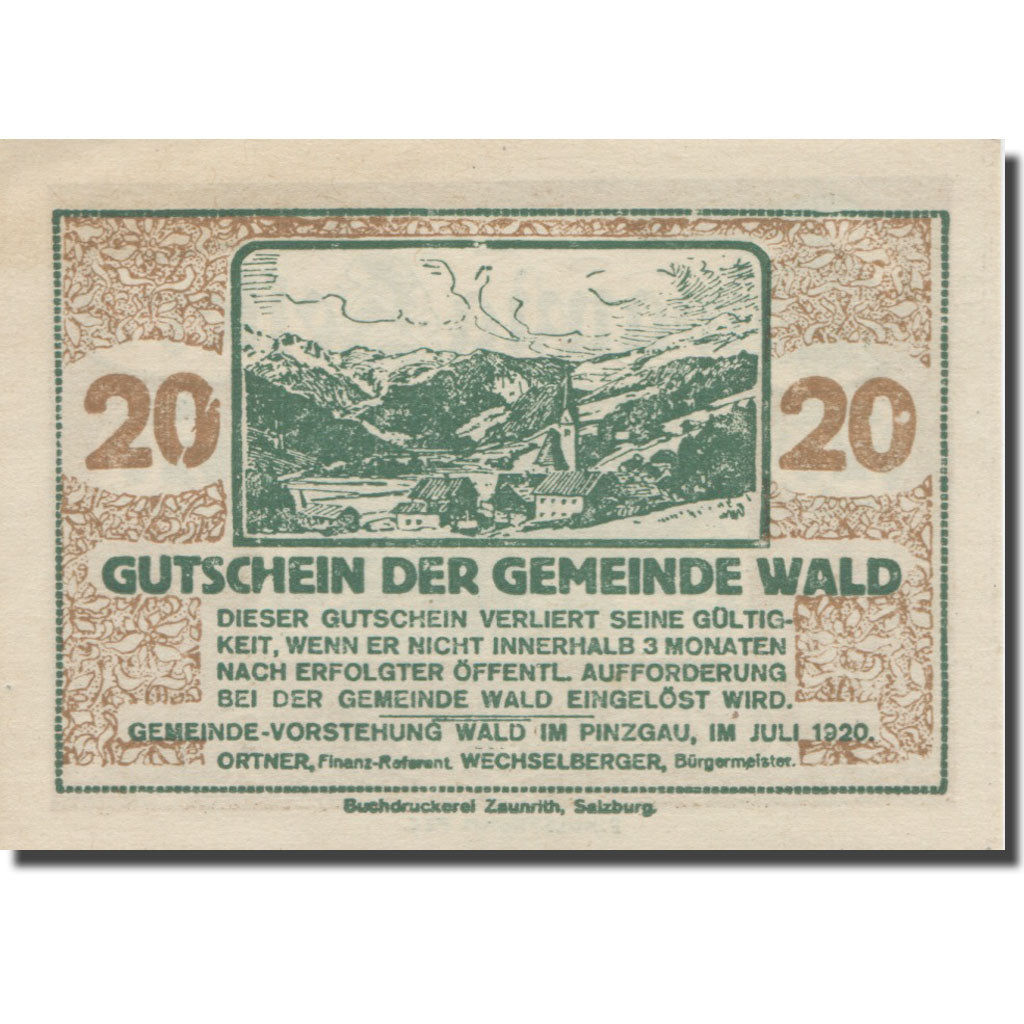 Banknote, Austria, Wald im Pinzgau Sbg. Gemeinde, 20 Heller, chalet, 1920