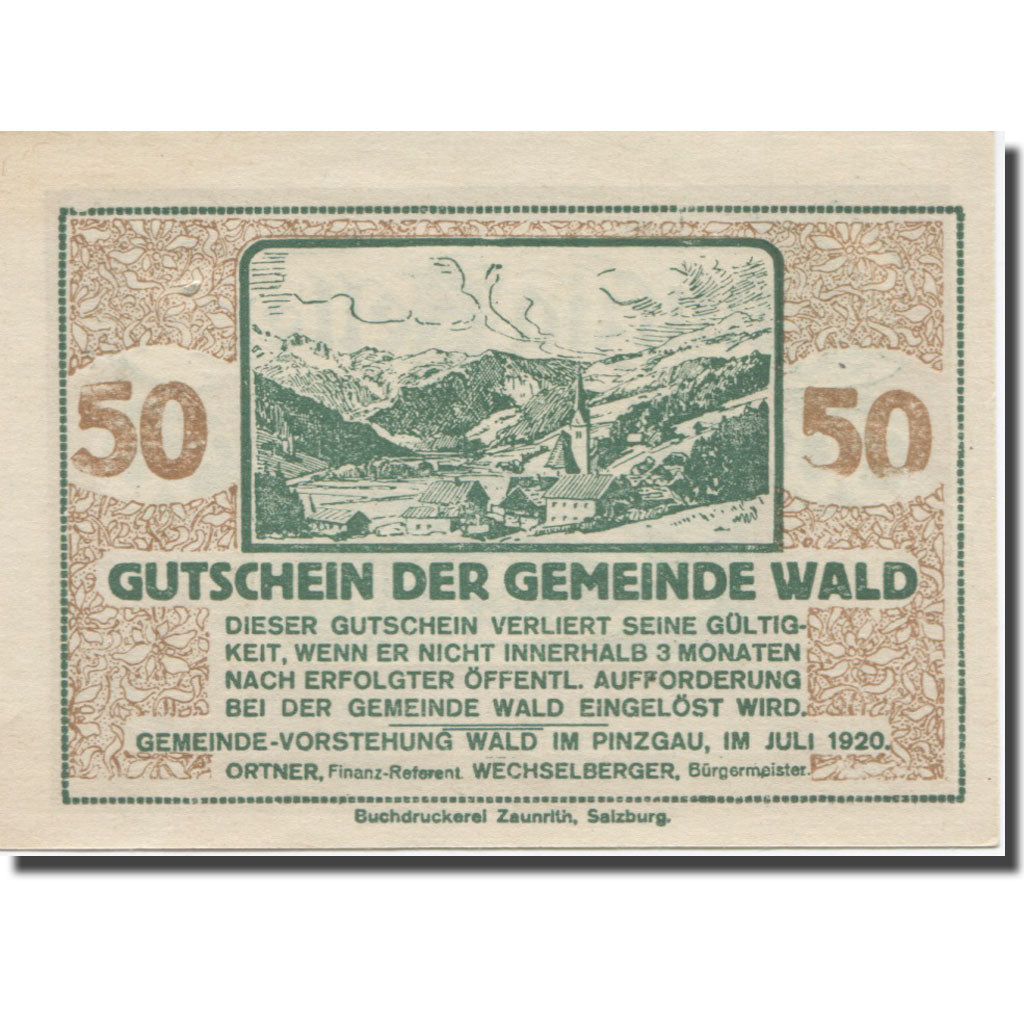 Banknot, Austria, Wald im Pinzgau Sbg. Gemeinde, 50 Heller, chalet 1, 1920