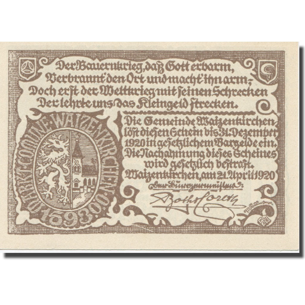 Banknot, Austria, Waizenkirchen, 10 Heller, Texte, 1920, 1920-12-31, AU(55-58)
