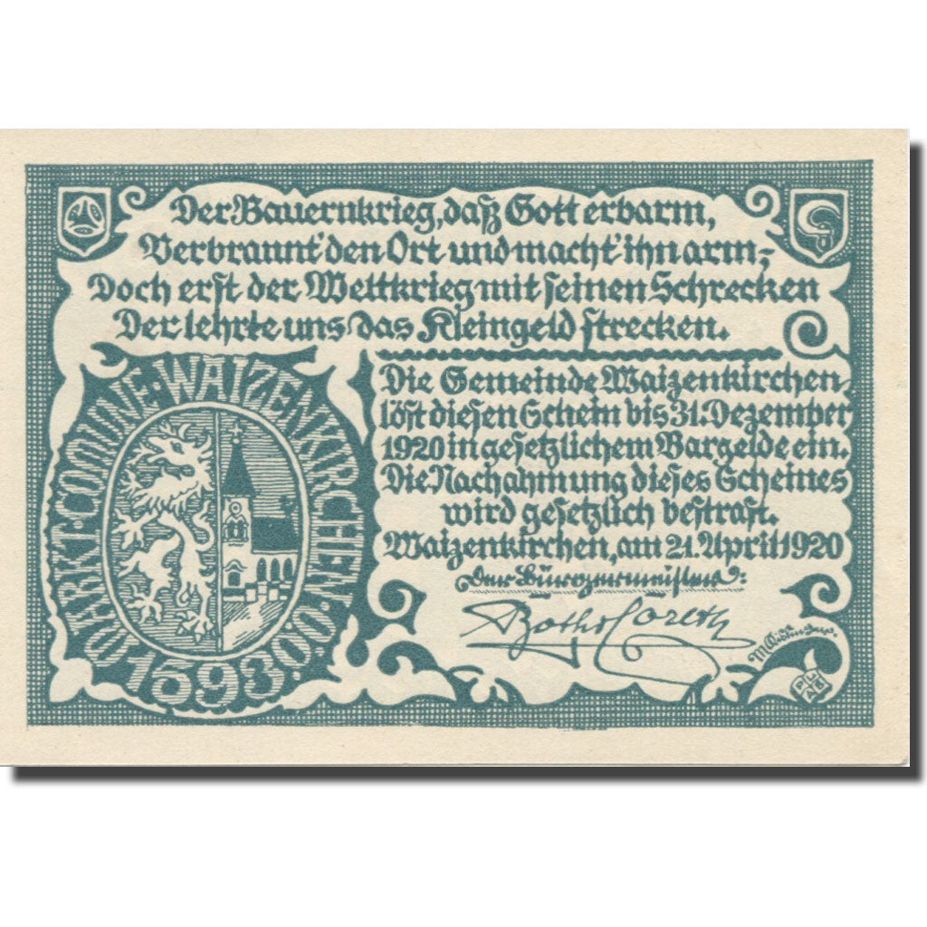 Banknot, Austria, Waizenkirchen, 20 Heller, texte 1, 1920, 1920-12-31