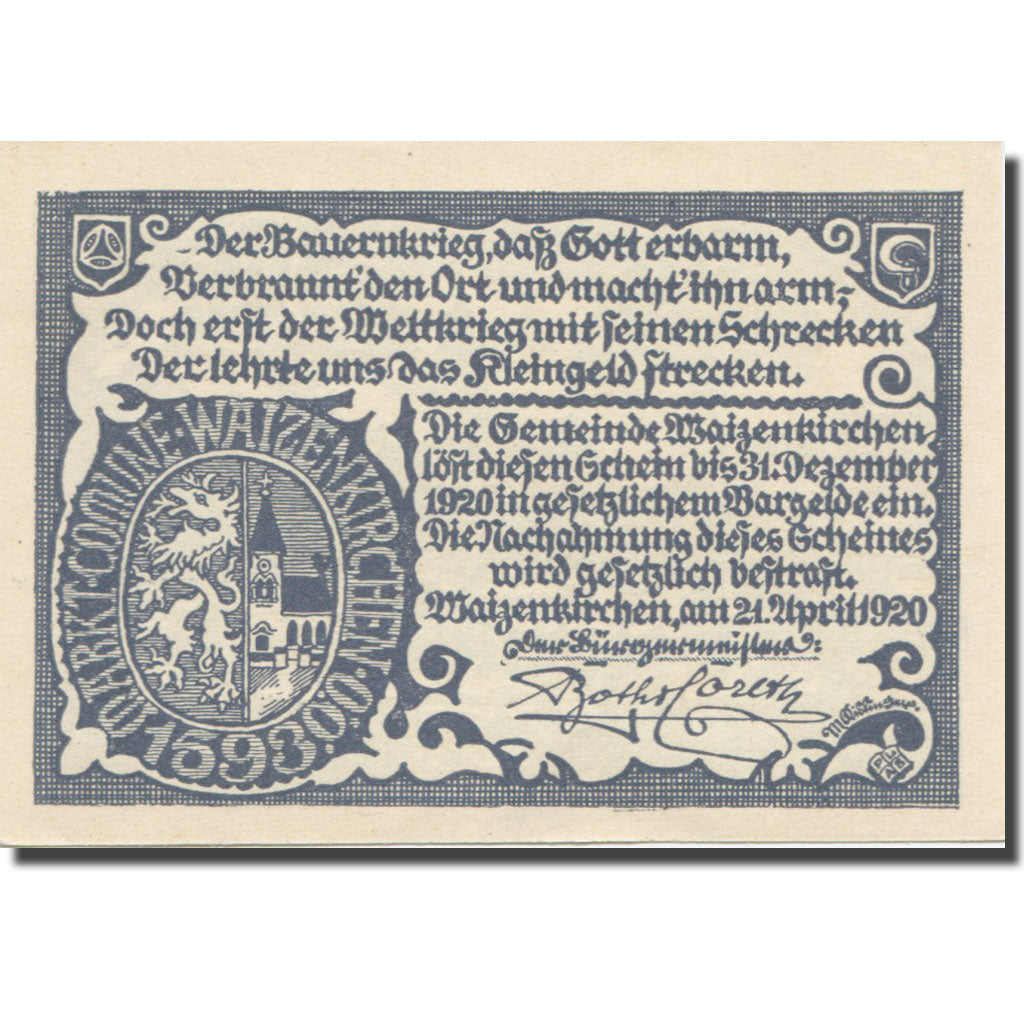 Banconote, Austria, Waizenkirchen, 50 Heller, Texte 2, 1920, 1920-12-31, SPL-