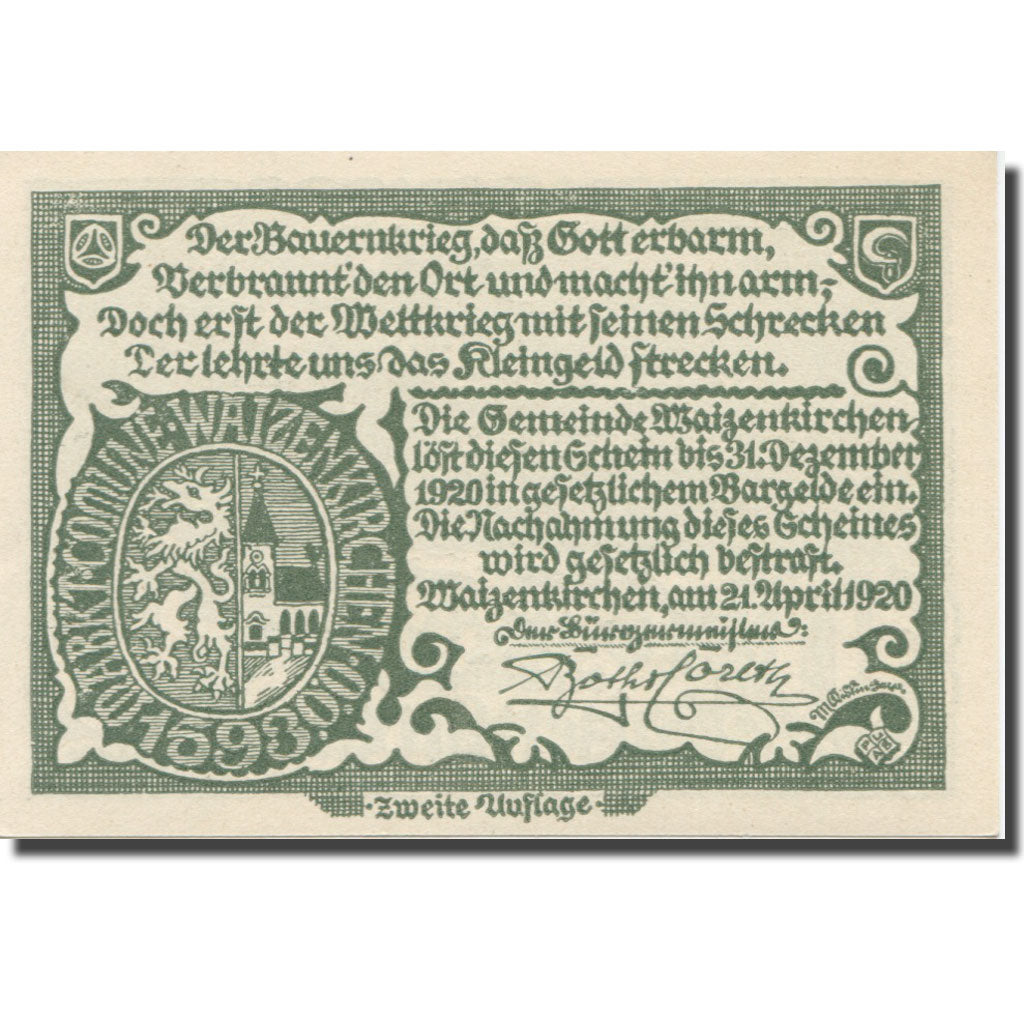 Banknote, Austria, Waizenkirchen, 10 Heller, Texte, 1920, 1920-12-31, AU(55-58)