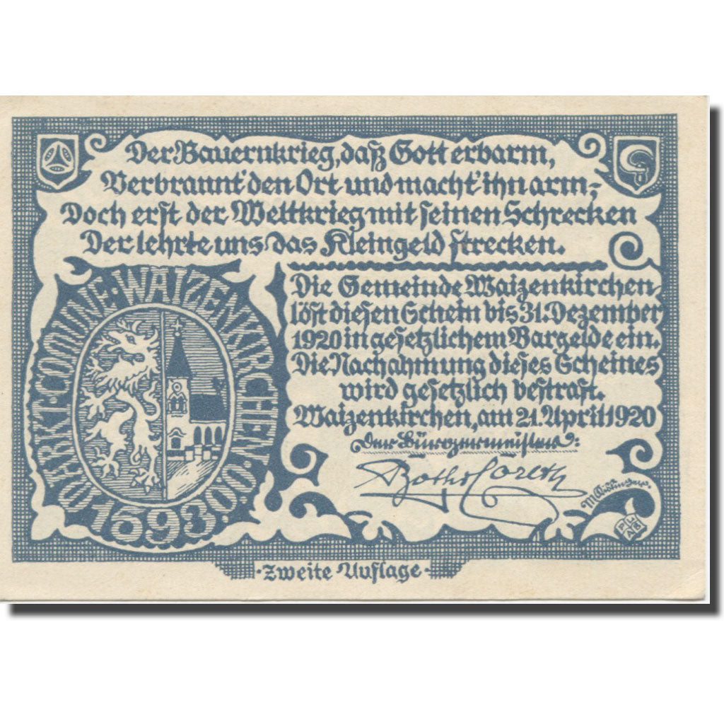 Geldschein, Österreich, Waizenkirchen, 20 Heller, texte 1, 1920, 1920-12-31