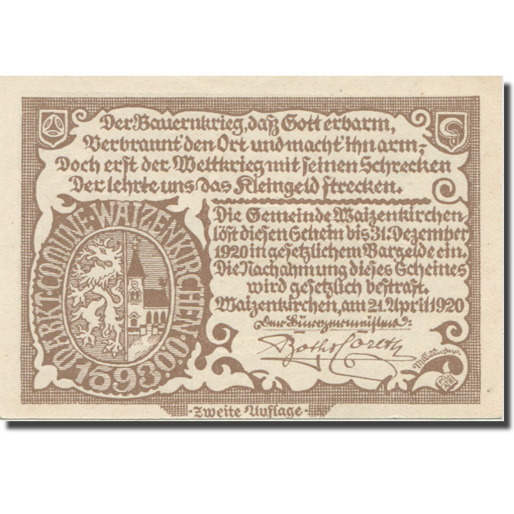 Banconote, Austria, Waizenkirchen, 50 Heller, Texte 2, 1920, 1920-12-31, SPL-
