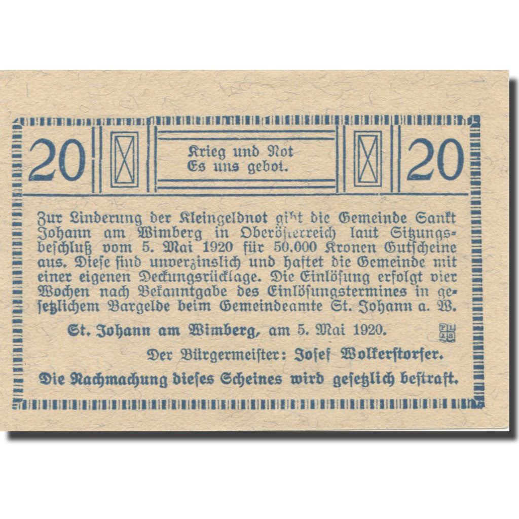 Banconote, Austria, St. Johann Am Wimberg O.Ö. Gemeinde, 20 Heller, Texte
